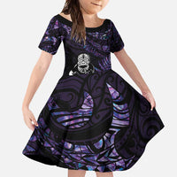 New Zealand Maori Rugby Personalised Family Matching Tank Maxi Dress and Hawaiian Shirt Ta Moko Silver Fern - Paua Purple LT7 Daughter's Dress Purple - Polynesian Pride