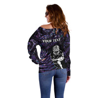 New Zealand Maori Rugby Personalised Off Shoulder Sweater Ta Moko Silver Fern - Paua Purple LT7 - Polynesian Pride