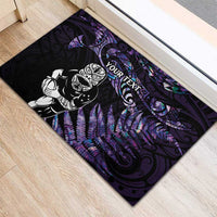 New Zealand Maori Rugby Personalised Rubber Doormat Ta Moko Silver Fern - Paua Purple LT7 - Polynesian Pride