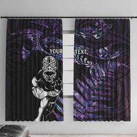 New Zealand Maori Rugby Personalised Window Curtain Ta Moko Silver Fern - Paua Purple LT7 With Hooks Purple - Polynesian Pride