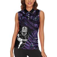 New Zealand Maori Rugby Personalised Women Sleeveless Polo Shirt Ta Moko Silver Fern - Paua Purple LT7 - Polynesian Pride
