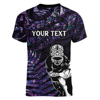New Zealand Maori Rugby Personalised Women V-Neck T-Shirt Ta Moko Silver Fern - Paua Purple LT7 - Polynesian Pride