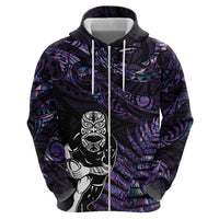 New Zealand Maori Rugby Personalised Zip Hoodie Ta Moko Silver Fern - Paua Purple LT7 - Polynesian Pride