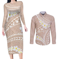Polynesian Vintage Floral Couples Matching Long Sleeve Bodycon Dress and Long Sleeve Button Shirt Beige Motifs LT7 Beige - Polynesian Pride
