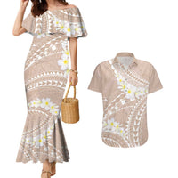 Polynesian Vintage Floral Couples Matching Mermaid Dress and Hawaiian Shirt Beige Motifs LT7 Beige - Polynesian Pride