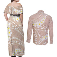 Polynesian Vintage Floral Couples Matching Off Shoulder Maxi Dress and Long Sleeve Button Shirt Beige Motifs LT7 - Polynesian Pride