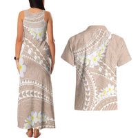 Polynesian Vintage Floral Couples Matching Tank Maxi Dress and Hawaiian Shirt Beige Motifs LT7 - Polynesian Pride