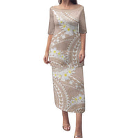 Polynesian Vintage Floral Family Matching Puletasi and Hawaiian Shirt Beige Motifs LT7 Mom's Dress Beige - Polynesian Pride
