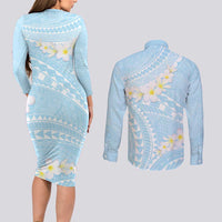 Polynesian Vintage Floral Couples Matching Long Sleeve Bodycon Dress and Long Sleeve Button Shirt Azure Motifs LT7 - Polynesian Pride