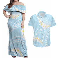 Polynesian Vintage Floral Couples Matching Off Shoulder Maxi Dress and Hawaiian Shirt Azure Motifs LT7 Azure - Polynesian Pride