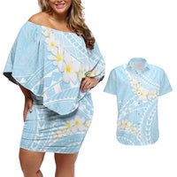 Polynesian Vintage Floral Couples Matching Off Shoulder Short Dress and Hawaiian Shirt Azure Motifs LT7 Azure - Polynesian Pride