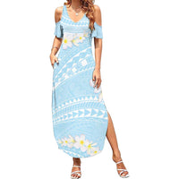 Polynesian Vintage Floral Family Matching Summer Maxi Dress and Hawaiian Shirt Azure Motifs LT7 Mom's Dress Azure - Polynesian Pride