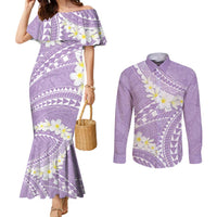 Polynesian Vintage Floral Couples Matching Mermaid Dress and Long Sleeve Button Shirt Lavender Motifs LT7 Lavender - Polynesian Pride