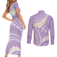 Polynesian Vintage Floral Couples Matching Short Sleeve Bodycon Dress and Long Sleeve Button Shirt Lavender Motifs LT7 - Polynesian Pride