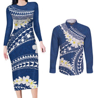 Polynesian Vintage Floral Couples Matching Long Sleeve Bodycon Dress and Long Sleeve Button Shirt Navy Blue Motifs LT7 Navy Blue - Polynesian Pride