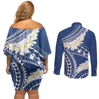 Polynesian Vintage Floral Couples Matching Off Shoulder Short Dress and Long Sleeve Button Shirt Navy Blue Motifs - Polynesian Pride