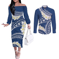 Polynesian Vintage Floral Couples Matching Off The Shoulder Long Sleeve Dress and Long Sleeve Button Shirt Navy Blue Motifs LT7 Navy Blue - Polynesian Pride