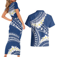 Polynesian Vintage Floral Couples Matching Short Sleeve Bodycon Dress and Hawaiian Shirt Navy Blue Motifs LT7 - Polynesian Pride