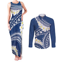 Polynesian Vintage Floral Couples Matching Tank Maxi Dress and Long Sleeve Button Shirt Navy Blue Motifs LT7 Navy Blue - Polynesian Pride