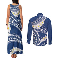 Polynesian Vintage Floral Couples Matching Tank Maxi Dress and Long Sleeve Button Shirt Navy Blue Motifs LT7 - Polynesian Pride
