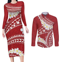 Polynesian Vintage Floral Couples Matching Long Sleeve Bodycon Dress and Long Sleeve Button Shirt Scarlet Motifs LT7 Scarlet - Polynesian Pride