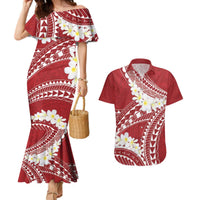 Polynesian Vintage Floral Couples Matching Mermaid Dress and Hawaiian Shirt Scarlet Motifs LT7 Scarlet - Polynesian Pride