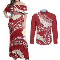 Polynesian Vintage Floral Couples Matching Off Shoulder Maxi Dress and Long Sleeve Button Shirt Scarlet Motifs LT7 Scarlet - Polynesian Pride