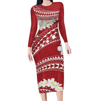 Polynesian Vintage Floral Family Matching Long Sleeve Bodycon Dress and Hawaiian Shirt Scarlet Motifs LT7 Mom's Dress Scarlet - Polynesian Pride