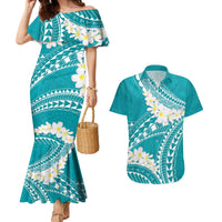 Polynesian Vintage Floral Couples Matching Mermaid Dress and Hawaiian Shirt Teal Motifs LT7 Teal - Polynesian Pride