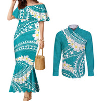 Polynesian Vintage Floral Couples Matching Mermaid Dress and Long Sleeve Button Shirt Teal Motifs LT7 Teal - Polynesian Pride