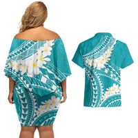 Polynesian Vintage Floral Couples Matching Off Shoulder Short Dress and Hawaiian Shirt Teal Motifs LT7 - Polynesian Pride