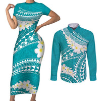 Polynesian Vintage Floral Couples Matching Short Sleeve Bodycon Dress and Long Sleeve Button Shirt Teal Motifs LT7 Teal - Polynesian Pride