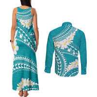 Polynesian Vintage Floral Couples Matching Tank Maxi Dress and Long Sleeve Button Shirt Teal Motifs LT7 - Polynesian Pride