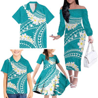 Polynesian Vintage Floral Family Matching Off The Shoulder Long Sleeve Dress and Hawaiian Shirt Teal Motifs LT7 - Polynesian Pride