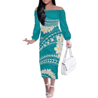 Polynesian Vintage Floral Family Matching Off The Shoulder Long Sleeve Dress and Hawaiian Shirt Teal Motifs LT7 Mom's Dress Teal - Polynesian Pride