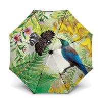 New Zealand Maori Mahuru Umbrella Tui With Pikawakawa Spring Colors LT7 One Size Folded 11.42 inch Opened Diameter 37.4 inch Multicolor - Polynesian Pride