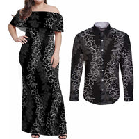 Hawaii Plumeria Lei Couples Matching Off Shoulder Maxi Dress and Long Sleeve Button Shirt Aloha Festive Vibe LT7 Black - Polynesian Pride