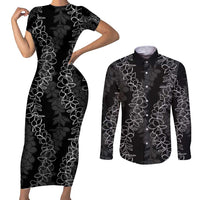 Hawaii Plumeria Lei Couples Matching Short Sleeve Bodycon Dress and Long Sleeve Button Shirt Aloha Festive Vibe LT7 Black - Polynesian Pride