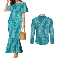 Hawaii Plumeria Lei Couples Matching Mermaid Dress and Long Sleeve Button Shirt Aloha Festive Vibe - Teal LT7 Teal - Polynesian Pride