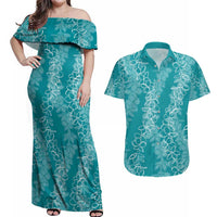 Hawaii Plumeria Lei Couples Matching Off Shoulder Maxi Dress and Hawaiian Shirt Aloha Festive Vibe - Teal LT7 Teal - Polynesian Pride