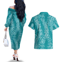 Hawaii Plumeria Lei Couples Matching Off The Shoulder Long Sleeve Dress and Hawaiian Shirt Aloha Festive Vibe - Teal LT7 - Polynesian Pride