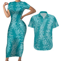 Hawaii Plumeria Lei Couples Matching Short Sleeve Bodycon Dress and Hawaiian Shirt Aloha Festive Vibe - Teal LT7 Teal - Polynesian Pride