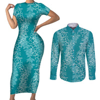 Hawaii Plumeria Lei Couples Matching Short Sleeve Bodycon Dress and Long Sleeve Button Shirt Aloha Festive Vibe - Teal LT7 Teal - Polynesian Pride
