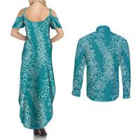 Hawaii Plumeria Lei Couples Matching Summer Maxi Dress and Long Sleeve Button Shirt Aloha Festive Vibe - Teal LT7 - Polynesian Pride