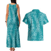 Hawaii Plumeria Lei Couples Matching Tank Maxi Dress and Hawaiian Shirt Aloha Festive Vibe - Teal LT7 - Polynesian Pride
