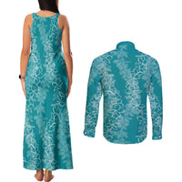 Hawaii Plumeria Lei Couples Matching Tank Maxi Dress and Long Sleeve Button Shirt Aloha Festive Vibe - Teal LT7 - Polynesian Pride