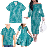 Hawaii Plumeria Lei Family Matching Off The Shoulder Long Sleeve Dress and Hawaiian Shirt Aloha Festive Vibe - Teal LT7 - Polynesian Pride