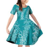 Hawaii Plumeria Lei Family Matching Off Shoulder Short Dress and Hawaiian Shirt Aloha Festive Vibe - Teal LT7 Daughter's Dress Teal - Polynesian Pride