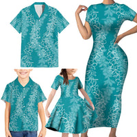 Hawaii Plumeria Lei Family Matching Short Sleeve Bodycon Dress and Hawaiian Shirt Aloha Festive Vibe - Teal LT7 - Polynesian Pride