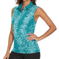 Hawaii Plumeria Lei Women Sleeveless Polo Shirt Aloha Festive Vibe - Teal LT7 - Polynesian Pride